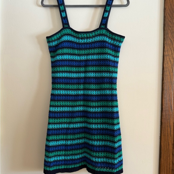 GAP Crochet Blue and Green Striped Mini Dress Preppy Bohemian Indie Bodycon - Picture 6 of 8